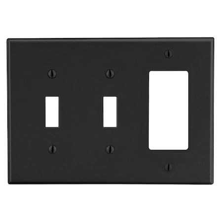 Hubbell Wiring Device-Kellems Wallplate, 3-Gang, 2) Toggle 1) Decorator, Black P226BK